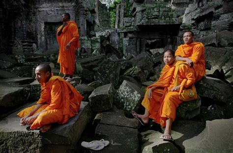 Buddhist Monks At Angkor Wat Temple By Timothy Allen