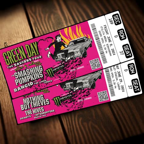 Printable Green Day Ticket The Saviors Tour 2024 Concert Show Pass