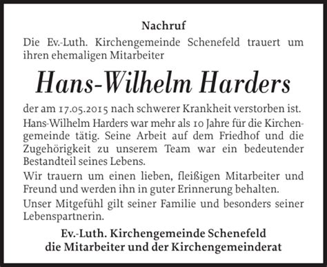 Traueranzeigen Von Hans Wilhelm Harders Sh Z Trauer