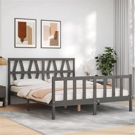 The Living Store Bedframe Met Hoofdbord Massief Hout Grijs Ft King