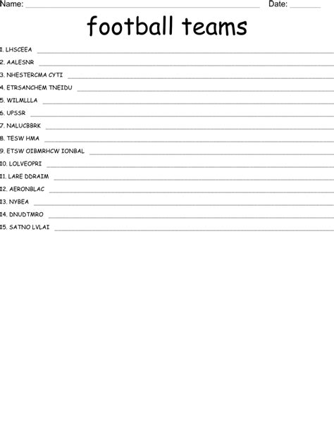 Football Teams Word Scramble WordMint