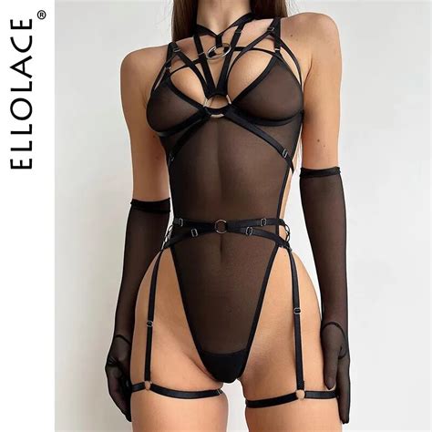 Ellolace Sheer Lace Bodysuit Jarreteira Halter Bandage Lingerie Ex