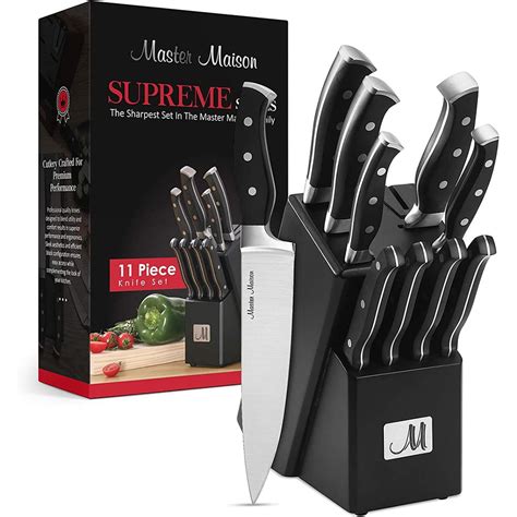 11 Piece Premium Black Kitchen Knife Set With Knife Block And Dual Knife