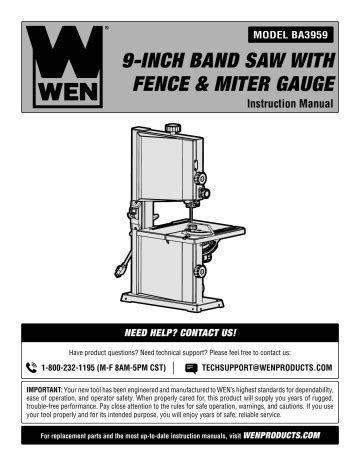 Wen Ba Inch Benchtop Band Saw Product Manual Manualzz