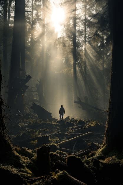 Una persona parada en medio de un bosque con el sol brillando a través