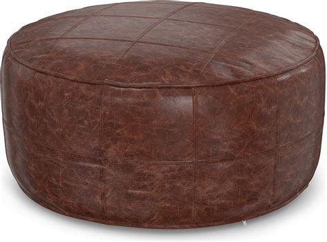 Icespell 34 Inch Leather Round Pouf With Top Stitching Detail In
