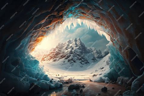 Premium Ai Image A Frozen Cavern With A Towering Ice Formation