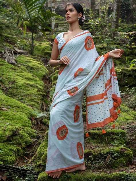 Buy Blue Orange Hand Block Printed Cotton Mul Saree Mog Popbluc