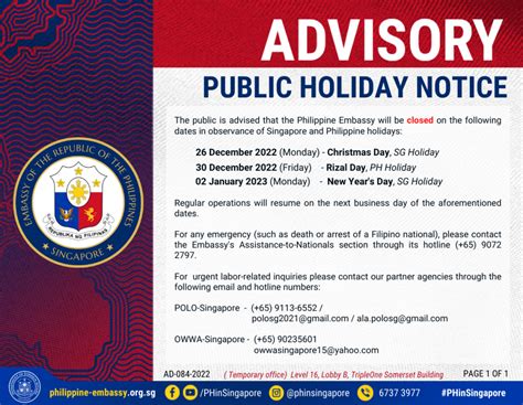 Public Holiday Notice Embassy Of The Philippines In Singapore