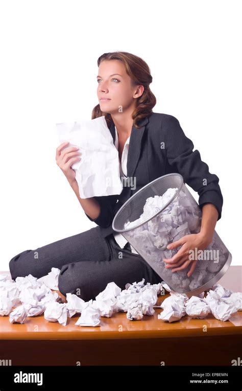 Woman With Lots Of Discarded Paper Stock Photo Alamy