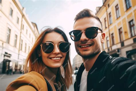 Premium Photo Loving Happy Couple Of Travelers Smile While Taking