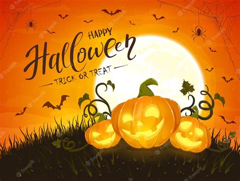 Premium Vector | Three halloween pumpkins on moon background