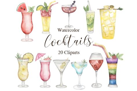 Watercolor Cocktail Clipart Set Bundle