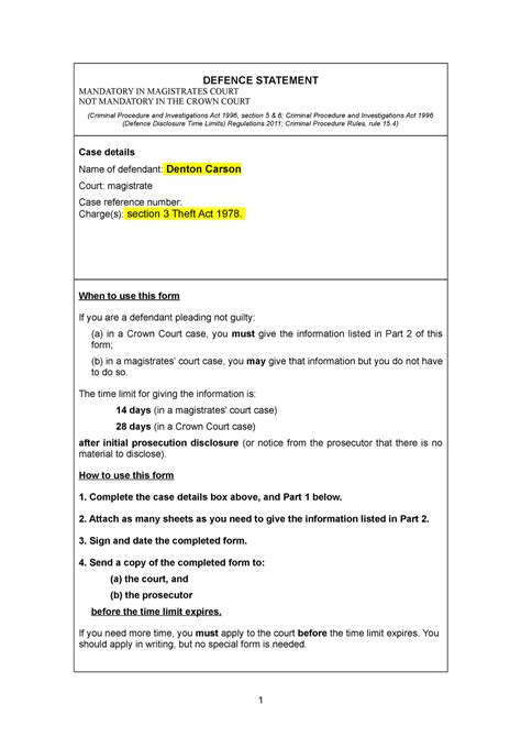 Defence Statement Form Defence Statement Mandatory In Magistrates