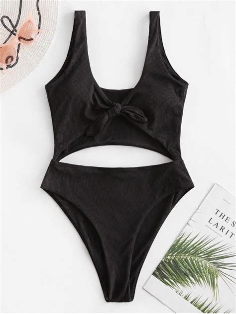 [44 Off] 2020 Zaful Cut Out Knotted Solid One Piece Swimsuit In Black