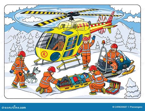 Rescue Helicopter And The Rescuers Vector Cartoon Stock Illustration