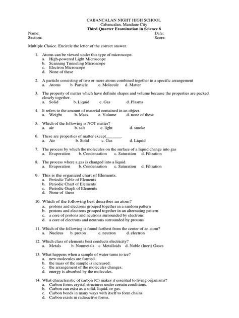 3rd Quarter Test Grade 7 Periodic Table Chemical Elements