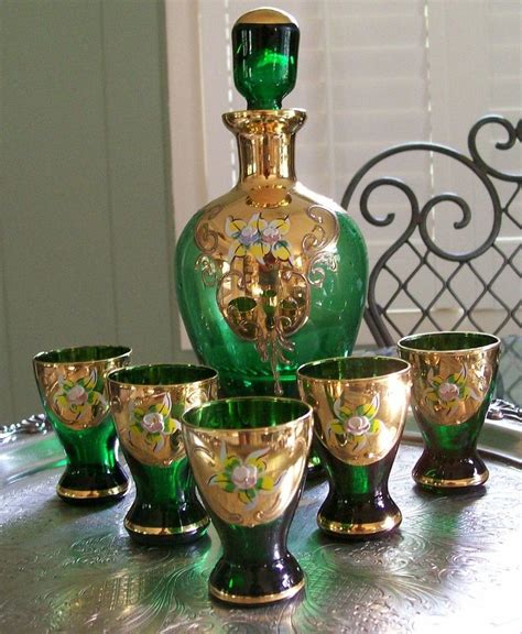 Vintage Czech Bohemian Handpainted Emerald Green Glass Decanter Cordi Vaisselle De Table Art