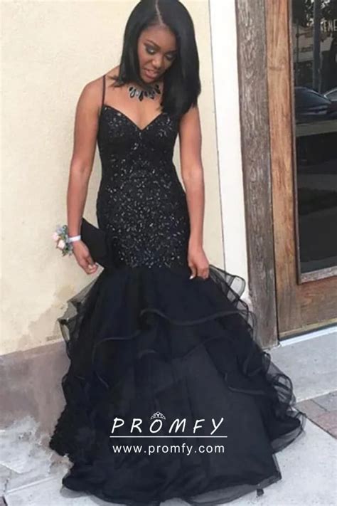 Beaded Black Bodice Ruffled Tulle Trumpet Prom Gown Promfy