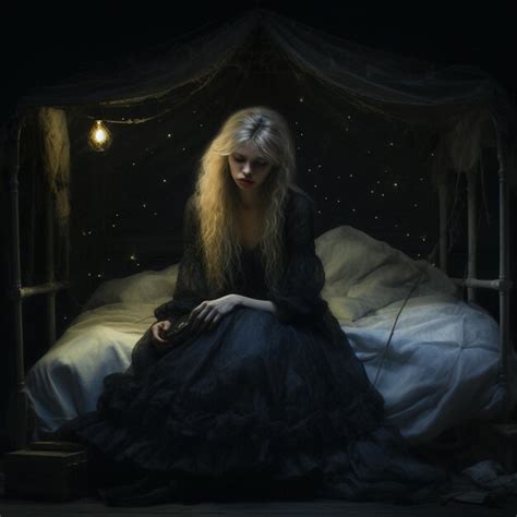 Blonde Woman Sitting On A Bed In A Dark Room With A Lit Up Canopy Generative Ai Premium Ai