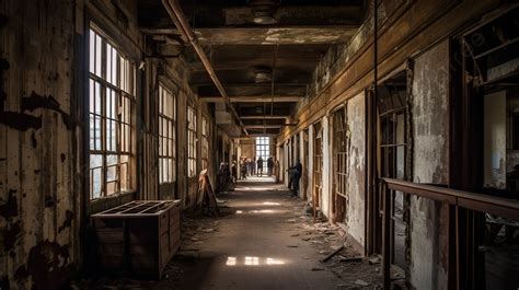 Hallway In An Old Abandoned Building With Many Windows Background