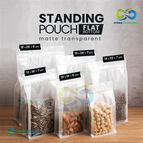 Jual STANDING POUCH MAKANAN FLAT BOTTOM ZIPLOCK TRANSPARAN BURAM