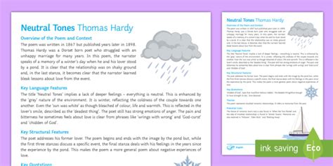 Gcse Neutral Tones By Thomas Hardy Revision Sheet