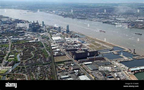 Aerial View Of Liverpool And The Mersey River Estuary Towards Stock