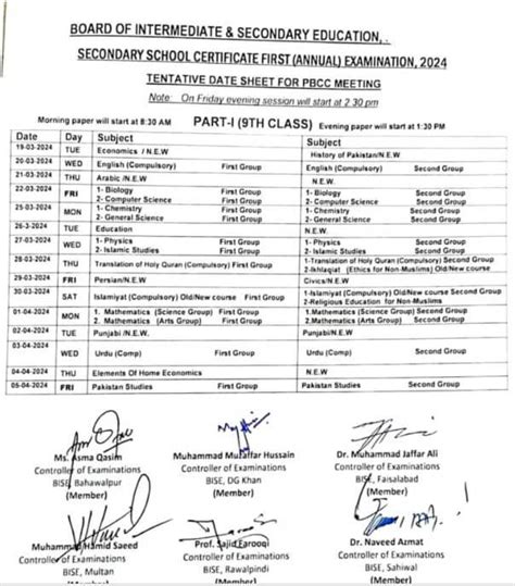 Bise Dg Khan Board 9th Class Date Sheet 2024