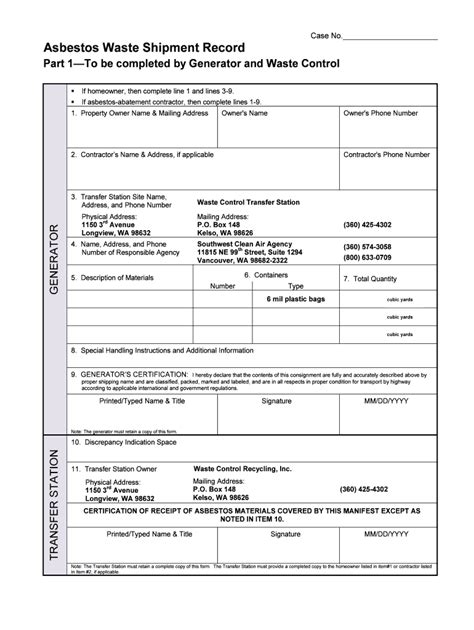 Fillable Online Asbestos Waste Shipment Record Part 1To Be Completed By