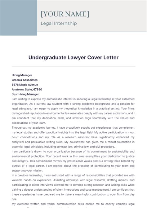 Free Undergraduate Lawyer Cover Letter Template To Edit Online