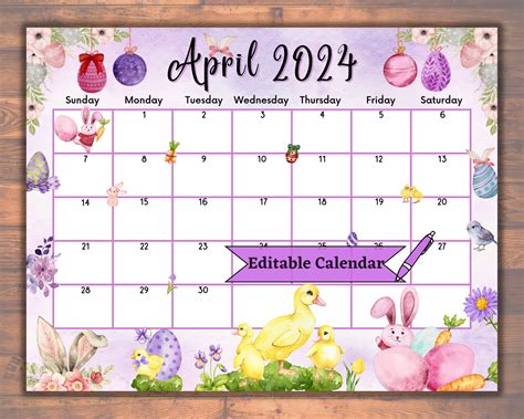 Editable Fillable April Calendar Happy Easter With Cute Bunnies