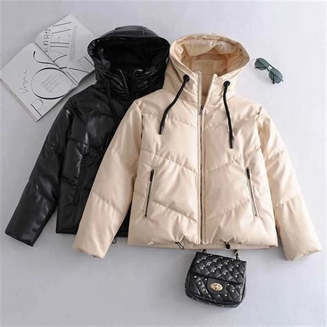 Ailegogo Winter Women Hooded Zipper Black Faux Leather Cotton Coat