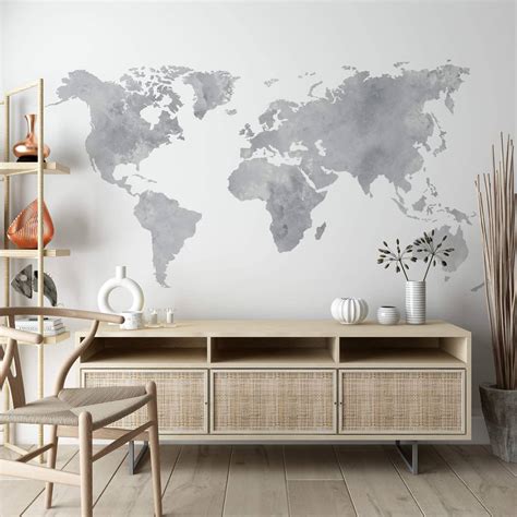 Sticker Mural Aquarelle Mappemonde Gris Wall Art Fr