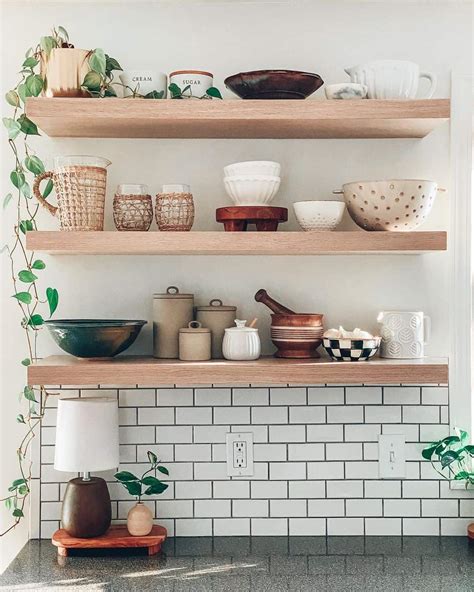 Kitchen With White Oak Floating Shelves And Potted Plants Soul Lane