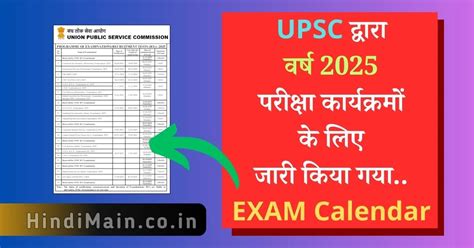 UPSC Exam Calendar 2025 सघ लक सव आयग क अतरगत अगल सल क