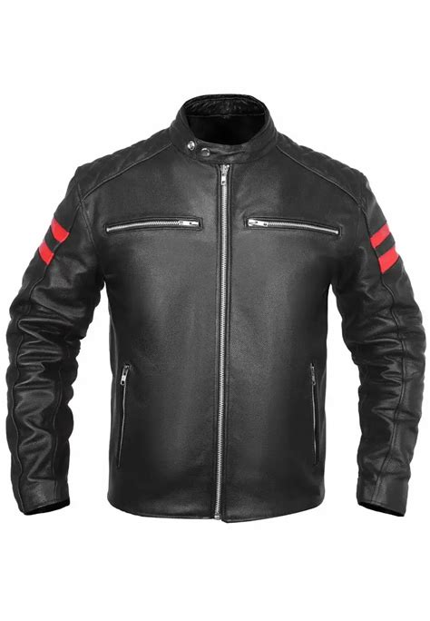 Mens Quilted Red Stripe Black Faux Leather Biker Jacket