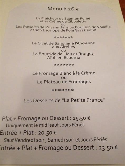 Menu Au Restaurant La Petite France Mont Limar