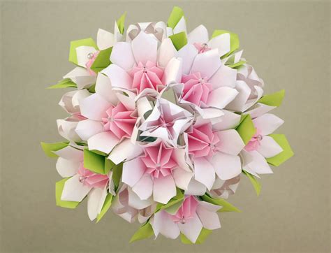 Origami Wedding Bouquet White Pink Green Handmade Paper Flowers Paper Flowers Paper Crafts