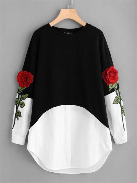 Контрастное модное платье с цветочной вышивкой | Long sleeve sweatshirt ...