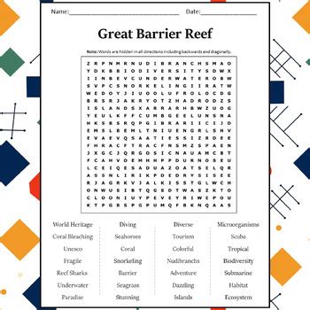 Great Barrier Reef Word Search Puzzle Worksheet Activity By Word Search