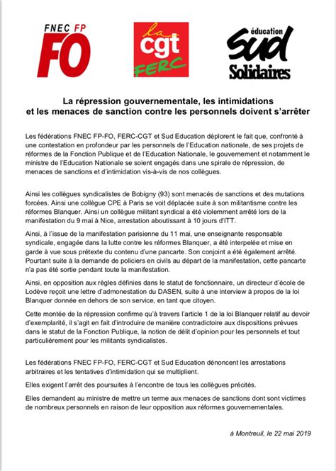 Communiqu Intersyndical Ferc Cgt Fnec Fp Fo Sud Ducation Du Mai