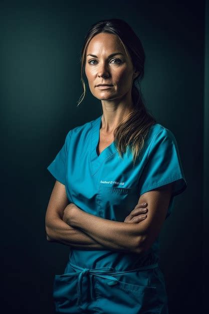 Uma mulher de uniforme azul está de pé os braços cruzados Foto