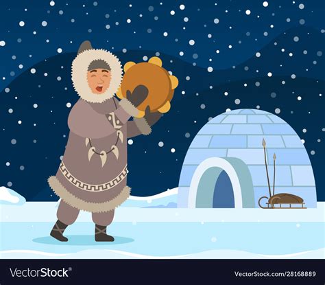 Eskimo Man Arctic People Near Shelter Igloo Vector Image