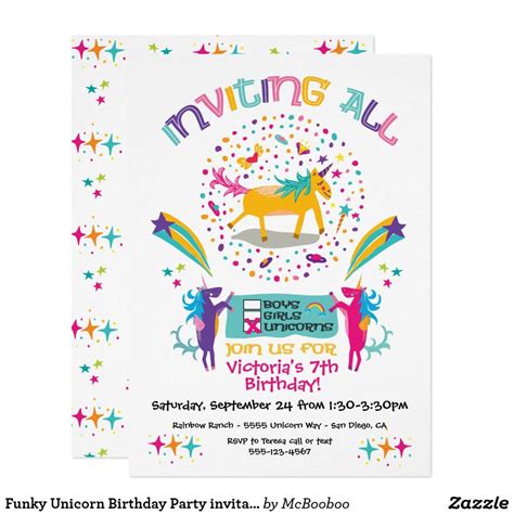 Funky Unicorn Birthday Party Invitations Birthday Party