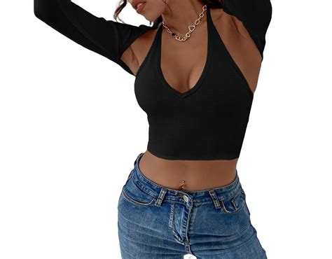 Halter Plain Black Long Sleeve Sexy Women Two Piece Outfitswomens