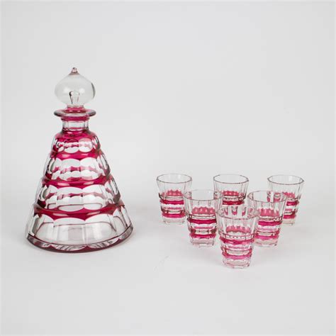 Lot Val Saint Lambert Crystal Carafe Red Cut And Glasses