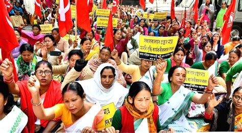 Members Of The Anganwadi Helpers And Workers Union Stage A Protest Over