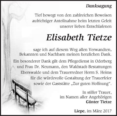 Traueranzeigen von Elisabeth Tietze Märkische Onlinezeitung Trauerportal