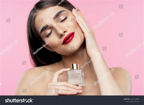 Cheerful Beautiful Woman Naked Shoulders Parfum Stock Photo 1487134805